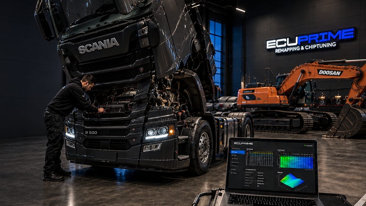 ECU software work on a Scania truck and a Doosan excavator in the workshop