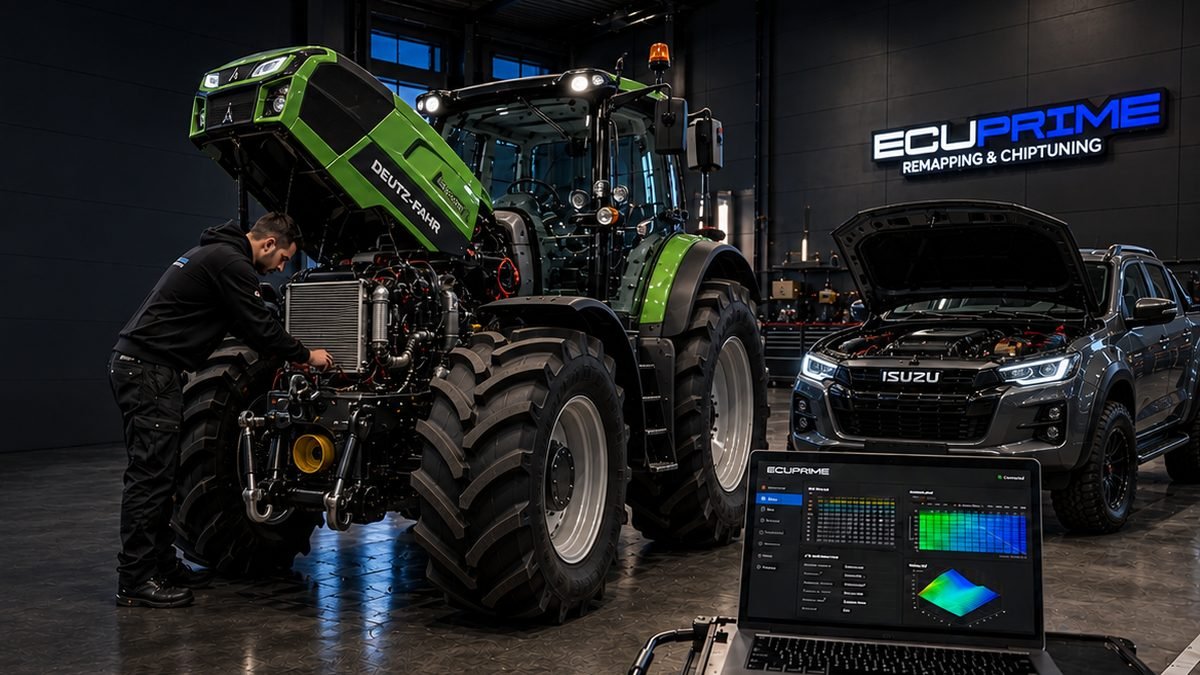 ECU software work on a Deutz-Fahr tractor in the workshop
