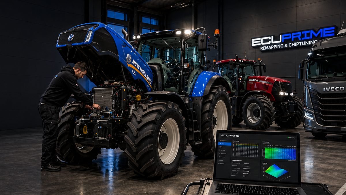ECU software work on New Holland and Case IH tractors and an Iveco truck in the workshop